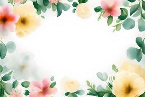 Spring background with pink, yellow flowers, and green leaves for Mother's Day, copy space photo