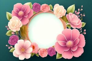 Round gold frame background with roses, with flowers, colors, for mother's day, copy space photo