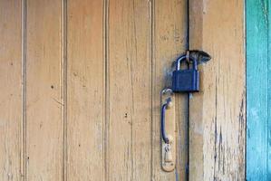 Old closed door with padlock and knob photo