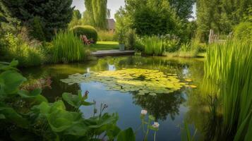 estanque en el verano jardín. ilustración ai generativo foto