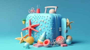 Blue Summer Holiday Background with suitcase. Illustration photo