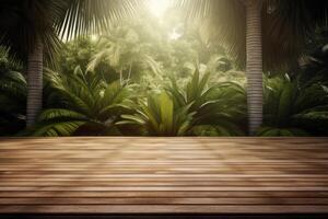 Wooden floor with tropical background. Illustration photo