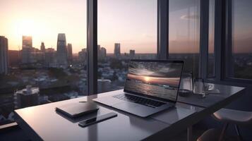 Modern working desk against big window in big city. Illustration photo