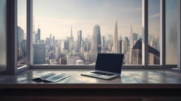 Modern working desk against big window in big city. Illustration photo