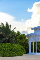 White noble pergula pavilion in paradise on beach palms Mexico. photo