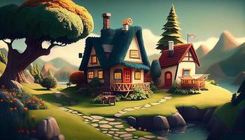 Small Cute Cozy Comfort House Village Country House Building and Grass Garden Landscape Scene View Illustration photo