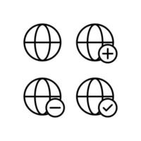 globe, plus, check, minus sign vector icon