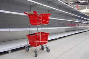 Shopping trolley with empty baskets by empty shelves in supermarket photo