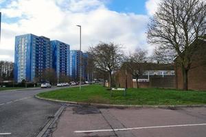 Low Angle View of Downtown City Center of British City London Luton Town of England UK. The Image Was Captured at Central Luton  City During a Cold and Cloudy Evening of 26-March-2023 photo