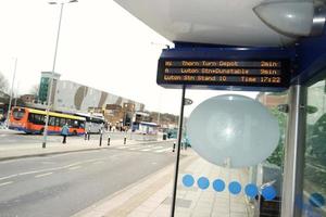 Low Angle View of Luton Central Bus Station at Main Railway Station of Downtown Luton City of England Great Britain. The Image Was Captured on 01-April-2023 on Cloudy and Cold Evening photo