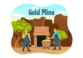 oro mía ilustración con minería industria actividad para tesoro, pila de monedas, joyería y joya en plano dibujos animados mano dibujado aterrizaje página plantillas vector