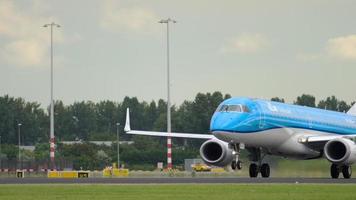 AMSTERDAM, THE NETHERLANDS JULY 24, 2017 - KLM Cityhopper Embraer 190 PH EXE rotate at runway 36L Polderbaan. Shiphol Airport, Amsterdam, Holland video