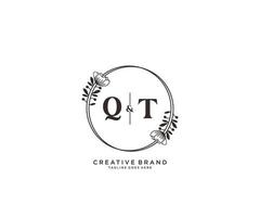 initial QT letters hand drawn feminine and floral botanical logo suitable for spa salon skin hair beauty boutique and cosmetic company. vector