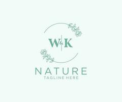 initial WK letters Botanical feminine logo template floral, editable premade monoline logo suitable, Luxury feminine wedding branding, corporate. vector