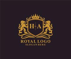 Initial HA Letter Lion Royal Luxury Logo template in vector art for Restaurant, Royalty, Boutique, Cafe, Hotel, Heraldic, Jewelry, Fashion and other vector illustration.