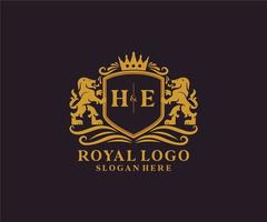 Initial HE Letter Lion Royal Luxury Logo template in vector art for Restaurant, Royalty, Boutique, Cafe, Hotel, Heraldic, Jewelry, Fashion and other vector illustration.