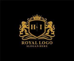 Initial HI Letter Lion Royal Luxury Logo template in vector art for Restaurant, Royalty, Boutique, Cafe, Hotel, Heraldic, Jewelry, Fashion and other vector illustration.