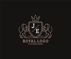 plantilla de logotipo de lujo real de león de letra je inicial en arte vectorial para restaurante, realeza, boutique, cafetería, hotel, heráldica, joyería, moda y otras ilustraciones vectoriales. vector