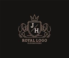 Initial JH Letter Lion Royal Luxury Logo template in vector art for Restaurant, Royalty, Boutique, Cafe, Hotel, Heraldic, Jewelry, Fashion and other vector illustration.