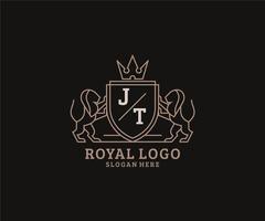 plantilla de logotipo de lujo real de león de letra jt inicial en arte vectorial para restaurante, realeza, boutique, cafetería, hotel, heráldica, joyería, moda y otras ilustraciones vectoriales. vector