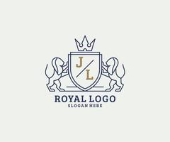 Initial JL Letter Lion Royal Luxury Logo template in vector art for Restaurant, Royalty, Boutique, Cafe, Hotel, Heraldic, Jewelry, Fashion and other vector illustration.