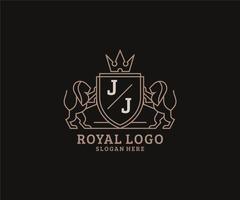 Initial JJ Letter Lion Royal Luxury Logo template in vector art for Restaurant, Royalty, Boutique, Cafe, Hotel, Heraldic, Jewelry, Fashion and other vector illustration.