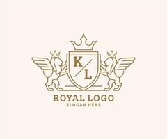 Initial KL Letter Lion Royal Luxury Heraldic,Crest Logo template in vector art for Restaurant, Royalty, Boutique, Cafe, Hotel, Heraldic, Jewelry, Fashion and other vector illustration.