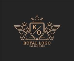 Initial KO Letter Lion Royal Luxury Heraldic,Crest Logo template in vector art for Restaurant, Royalty, Boutique, Cafe, Hotel, Heraldic, Jewelry, Fashion and other vector illustration.