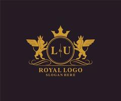 Initial LU Letter Lion Royal Luxury Heraldic,Crest Logo template in vector art for Restaurant, Royalty, Boutique, Cafe, Hotel, Heraldic, Jewelry, Fashion and other vector illustration.