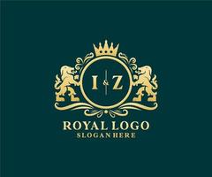 Initial IZ Letter Lion Royal Luxury Logo template in vector art for Restaurant, Royalty, Boutique, Cafe, Hotel, Heraldic, Jewelry, Fashion and other vector illustration.