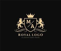 Initial MA Letter Lion Royal Luxury Heraldic,Crest Logo template in vector art for Restaurant, Royalty, Boutique, Cafe, Hotel, Heraldic, Jewelry, Fashion and other vector illustration.