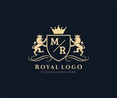 Initial MR Letter Lion Royal Luxury Heraldic,Crest Logo template in vector art for Restaurant, Royalty, Boutique, Cafe, Hotel, Heraldic, Jewelry, Fashion and other vector illustration.