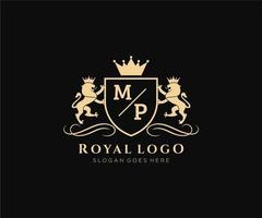 Initial MP Letter Lion Royal Luxury Heraldic,Crest Logo template in vector art for Restaurant, Royalty, Boutique, Cafe, Hotel, Heraldic, Jewelry, Fashion and other vector illustration.