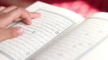 vue le doigt de une Jeune homme en train de lire le coran permanent sur le tableau, le alphabet de le saint livre de Islam est arabe video
