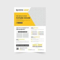 Home construction and renovation service promotional poster and flyer design with red and yellow colors. Real estate business flyer template vector. Handyman service advertisement banner design. vector