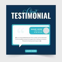 Creative client testimonial template design on a dark background. Customer service feedback and comment section design for social media marketing. Client review and rating layout vector for websites.