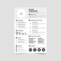 Company intern resume template vector with employee activities and skills. Modern resume template design for official employment. Minimal CV and resume template vector with red and dark colors.