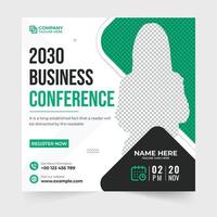 Online business conference and webinar social media post vector with yellow and green colors. Office conference poster design with photo placeholders. Business webinar template for digital marketing.