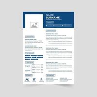 Simple CV template vector with photo placeholders and job experience sections. Modern office job application resume layout design with dark and blue colors. Company intern CV template vector.