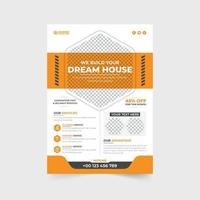 Real estate construction service promotional flyer design with orange and blue colors. Modern construction business advertisement template vector with photo placeholders. Home repair service poster.