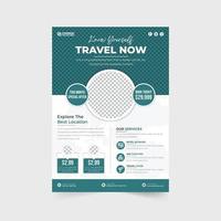 Travel agency advertisement poster and flyer vector for marketing. Touring group flyer template design with discount sections and photo placeholders. Vacation planner leaflet decoration for marketing.