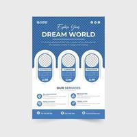 Travel agency flyer template design with purple and blue colors. Touring group promotional flyer vector with photo placeholders. Vacation planner business advertisement poster or flyer vector.