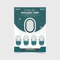 Holiday trip booking and management company flyer design with purple and blue colors. Modern travel agency promotional leaflet vector with photo placeholders. Touring group advertisement flyer vector.