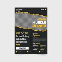 Gym business flyer template with yellow and red colors on dark backgrounds. Fitness gym flyer vector with photo placeholders. Modern gym poster and flyer layout design for marketing.