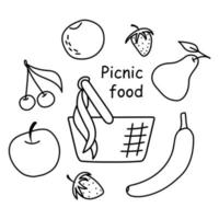 Picnic wicker baskets, fruits, Doodle symbols set. Vector illustration