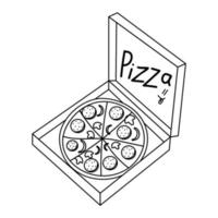 Pizza box icon. Vector illustration of pizza in box. Hand drawn pizza. Open box with delicious pizza. Vector illustration