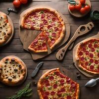 Freshly baked pizzas put on wooden tray on the table. . photo