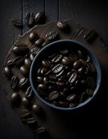 Coffee beans in a coffee cup on a wooden table. . photo
