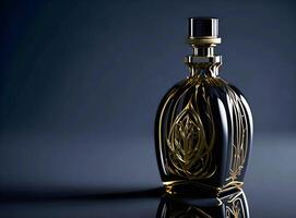 Luxurious elegant cologne perfume bottle with golden detailed engraving. . photo