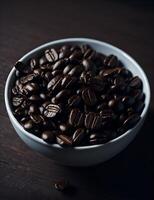 Brown coffee beans in a white bowl on wooden table. . photo